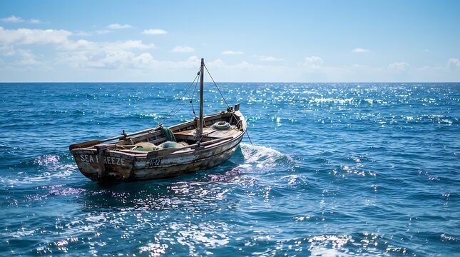 Rustic wooden fishing boat on blue ocean water. Weathered rowboat floating in calm sea. Traditional nautical vessel on sunny horizon.