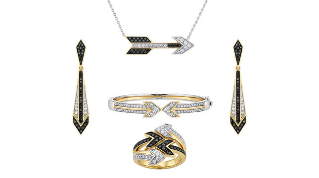 Luxury gold jewelry set featuring a necklace with arrow pendant, matching dangle earrings, a stylish bracelet, and a ring with black and white diamond stones