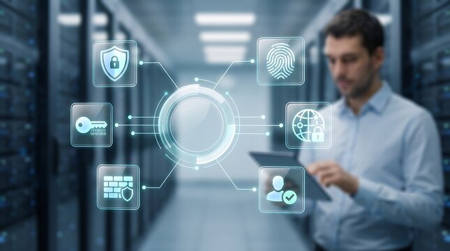 Professional man using tablet with cybersecurity and data protection interface icons in secure server room for corporate network defense and digital identity verification management