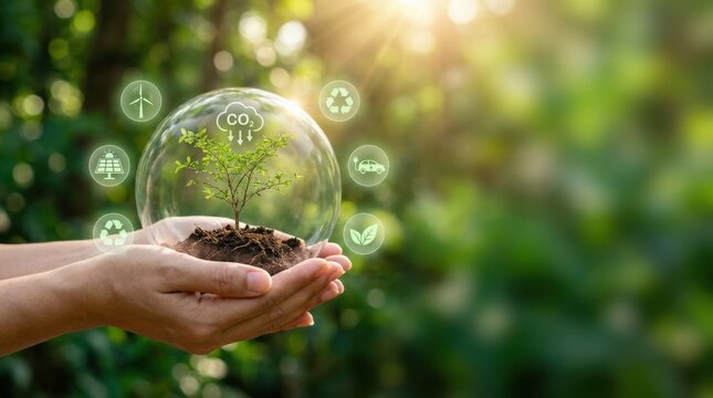 Hands holding a small green plant inside a glass sphere with environmental icons representing sustainability, renewable energy, carbon reduction, and eco-friendly concepts for a greener future planet.