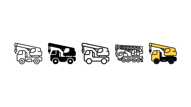 Set of mobile crane truck icons in various artistic styles for construction and industrial graphic design projects