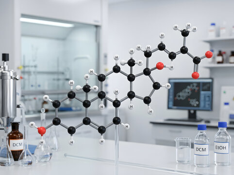 Molecular model of chemical compound stands on table in modern science laboratory environment for research and development concept.