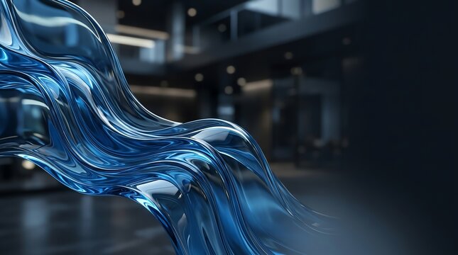 Abstract Blue Liquid Flow Moving Through Modern Indoor Space
