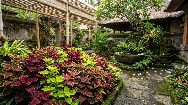 Vibrant coleus plants bloom in a lush Balinese stone garden with traditional architecture and fountains