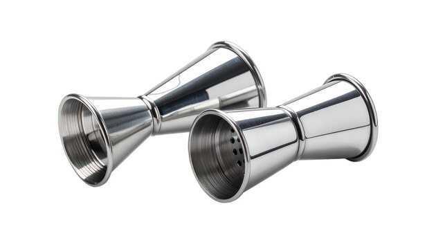 Two shiny metal jiggers for mixing cocktails. isolated on white background.