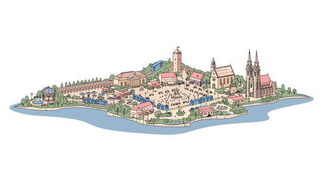 Zagreb city landmarks isometric vector illustration with cathedral square and blue trams