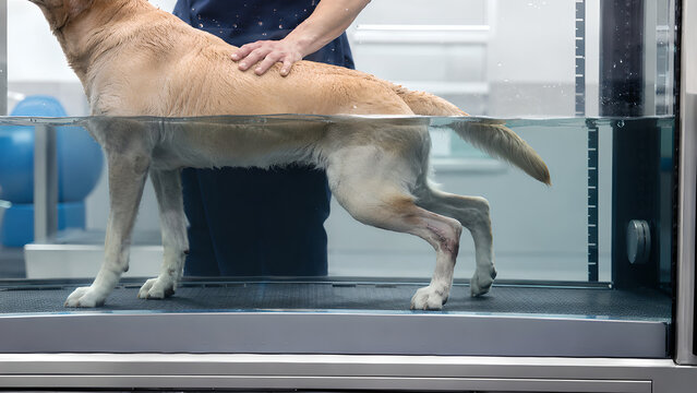 Dog Achilles tendon injury veterinary rehabilitation procedure, photorealistic clinical image showing hind leg treatment in an animal hospital for pet owner education and veterinary communication