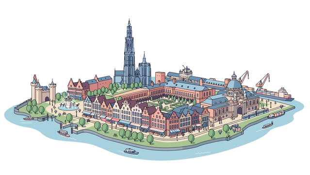 Antwerp city landmarks isometric vector illustration featuring Cathedral of Our Lady, Het Steen, and harbor
