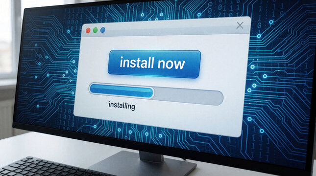 Computer monitor shows software installation progress on blue circuit board background. Digital window displays install now button, loading bar. System update new app setup process on desktop PC