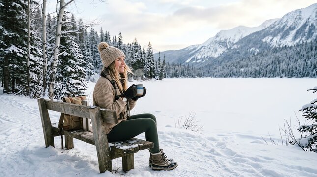 Woman Sitting on Bench Enjoying Snowy Mountain Landscape with Coffee in Winter