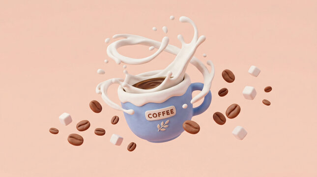 3D render of a blue coffee cup with splashing milk and floating coffee beans.