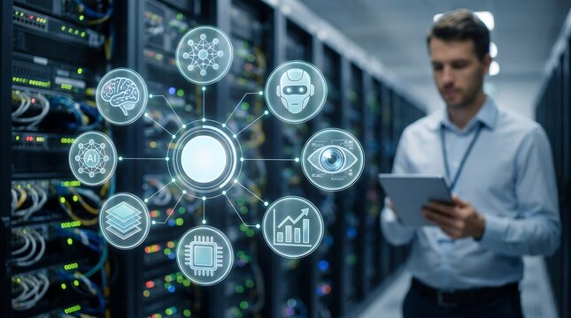 Information technology specialist analyzing artificial intelligence system architecture on tablet inside advanced data center facility with glowing holographic user interface elements