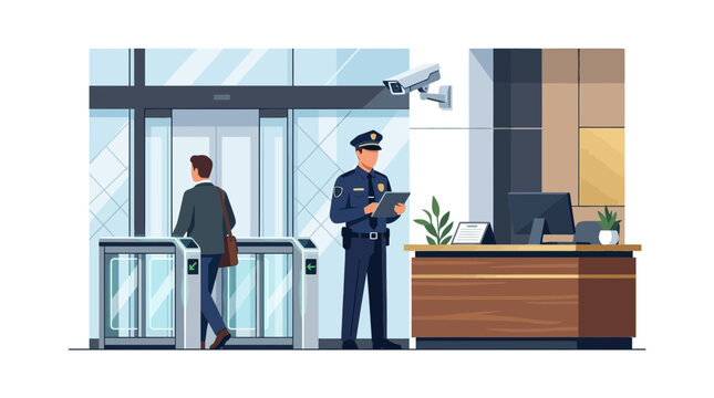 Security guard monitoring building entrance with access control turnstiles and CCTV camera