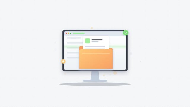 Computer monitor displaying file folder with green checkmark icon animating pop-up on data sync interface in flat 2D motion graphics style on white background
