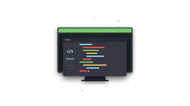 Flat design desktop computer monitor displaying colorful code lines animation on white background with scattered confetti particles