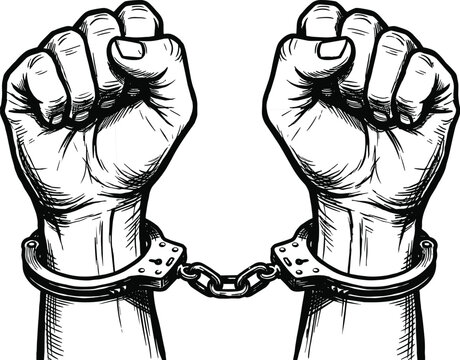 Arrested criminal hands in handcuffs raised clenched fists symbolizing law enforcement justice prison bondage or corruption concept