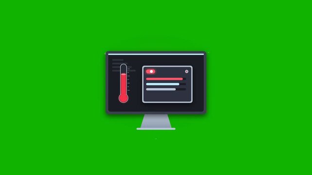 Flat design computer monitor displaying a thermometer and data dashboard with rising red temperature indicator on bright green screen background for system function analysis
