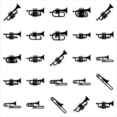 Obraz premium Set of trumpet and trombone musical instruments vector icons with trombone instrument orchestra performance entertainment classical silhouette collection isolated equipment