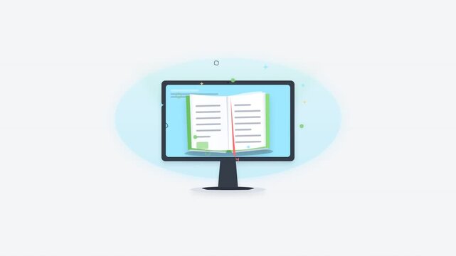 Flat design computer monitor displaying an open book interface for online learning and e-reading digital functionality