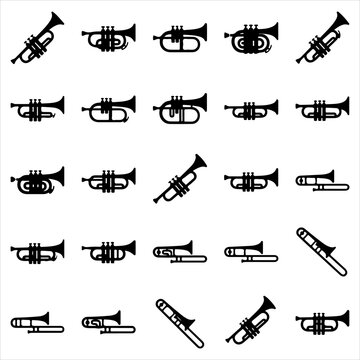 Set of trumpet and trombone musical instruments vector icons with trombone instrument orchestra performance entertainment classical silhouette collection isolated equipment
