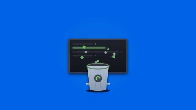 Animated computer system function displaying recycling delete operation with floating particles on blue background in 2D motion graphics