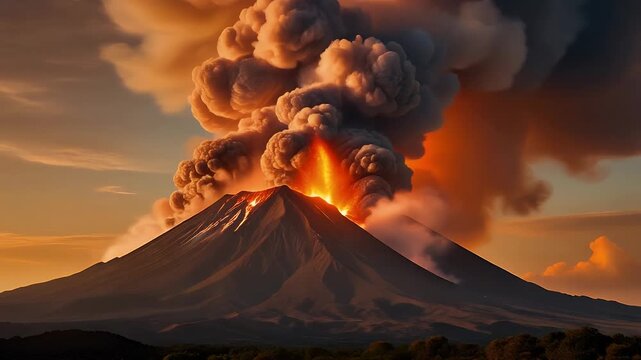 A dramatic volcanic eruption spews ash and lava into the sky.