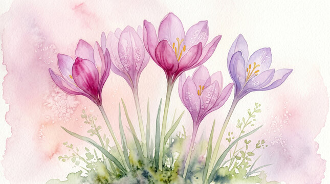 Delicate purple crocus flowers painted with soft watercolor strokes on a light textured paper artistic background