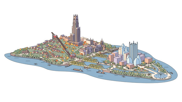 Pittsburgh cityscape illustration featuring Cathedral of Learning, PPG Place, incline, bridges, and Point State Park