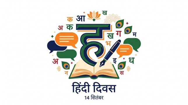 Hindi Diwas celebration festival background language alphabet devanagari script literary vector illustration