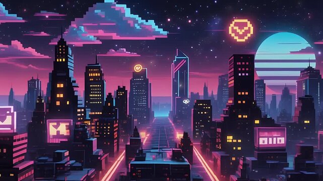A vibrant pixelated cityscape glows under a neon sunset with a retro-futuristic feel.