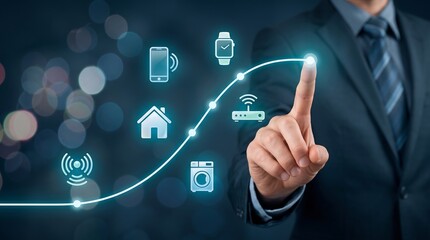 Obraz premium Business professional interacting with smart home and internet of things control interface on digital touch screen showcasing connected devices and home automation symbols