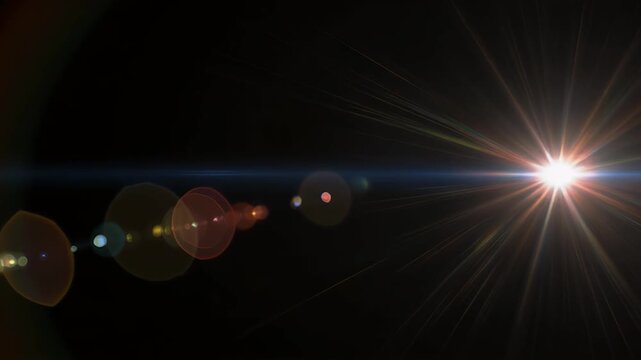 A triptych of a bright lens flare emitting light and colorful reflections against a black background.