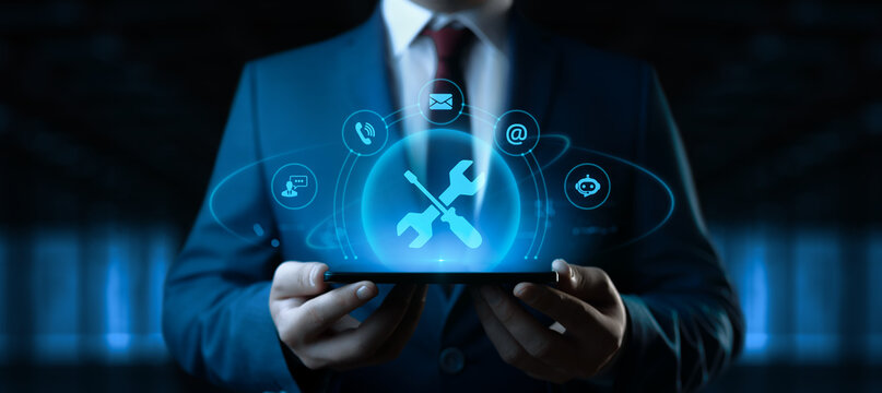 Businessman Holding smartphone with Technical Support Icons on Screen. Customer Service and Support concept