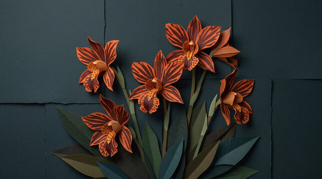 Striking paper crafted orchid flowers with orange tiger stripes arranged against a textured dark background board