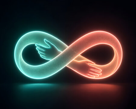 Glowing infinity symbol with hugging hands, neon loop of eternal love and partnership, conceptual unity and support icon on dark background