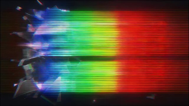 A Triptych of a Shattered Screen Displaying Glitching and Distorted Images.