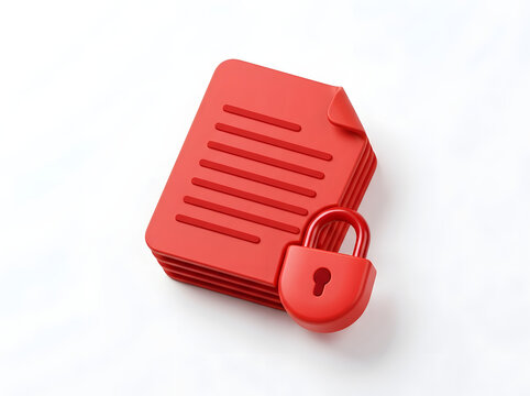Red 3d stack of paper documents secured with pad lock representing data protection and confidential file storage security.