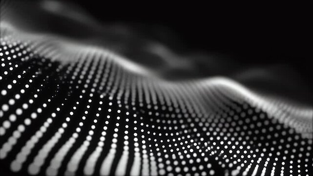A dark abstract background with a flowing pattern of white dots.
