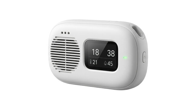 Portable white carbon monoxide detector with digital display. Modern air quality monitor for home safety. Smart gas sensor device.