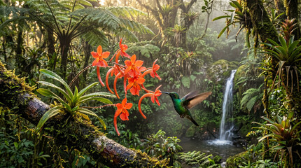 Naklejka premium Emerald hummingbird drinks nectar from vibrant orange orchid flowers in a lush misty tropical rainforest
