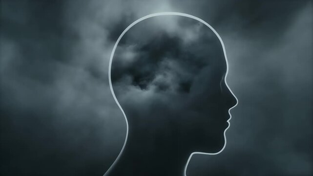 Three profiles show a stormy mindscape within a human silhouette.