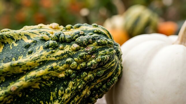 Close up of a green and white gourd next to a white pumpkin