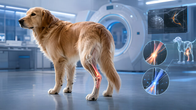 Dog Achilles tendon injury and healing process veterinary medical technology illustration with diagnostic imaging interface for healthcare education, radiology, rehabilitation, and patient education