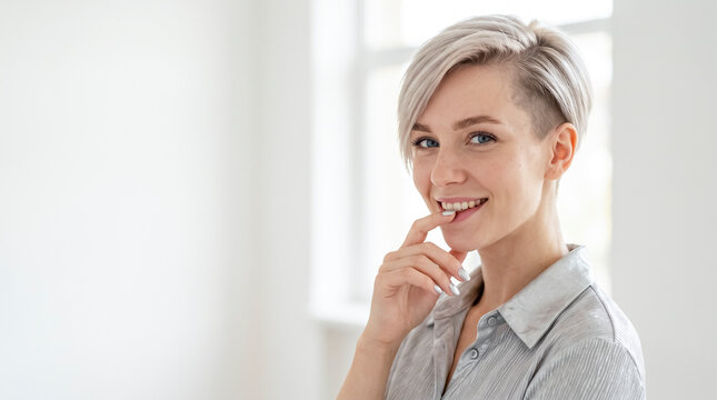 Smiling young woman with modern blonde pixie undercut hairstyle looking at camera