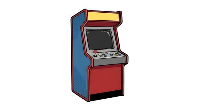 Classic retro arcade game machine illustration. Vintage 80s gaming cabinet with joystick and buttons, isolated on white. Great for gaming and nostalgia concepts.
