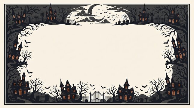 Spooky Halloween village border with haunted houses and a crescent moon during a dark night