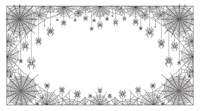 Spooky spiderwebs and hanging spiders create a decorative Halloween border with copy space