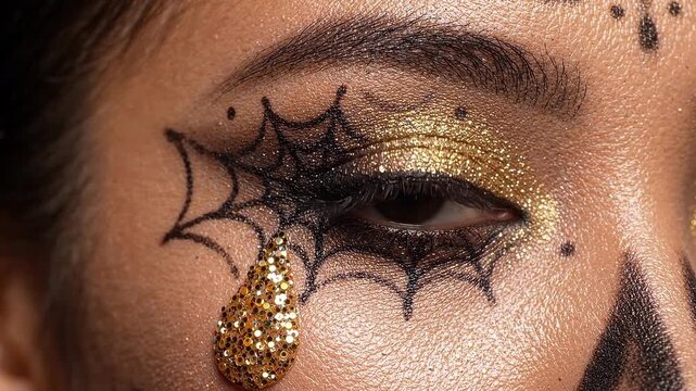 Macro Close Up of Woman Eye with Halloween Spiderweb Makeup