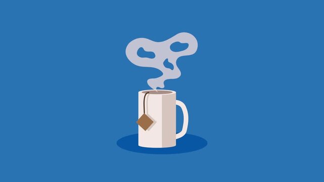 A motion graphic video displaying a steaming hot cup of tea with a tea bag on a vibrant blue background.