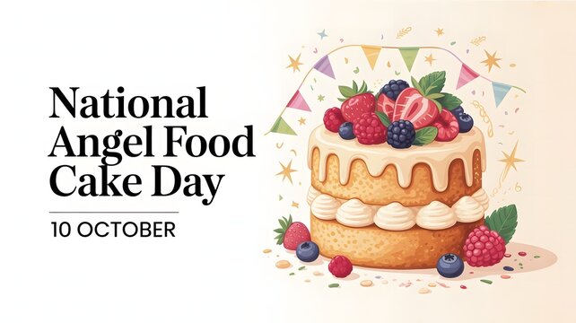 Celebrate National Angel Food Cake Day on October 10 with fluffy angel food cake, fresh berries, whipped cream, and sweet dessert treats.